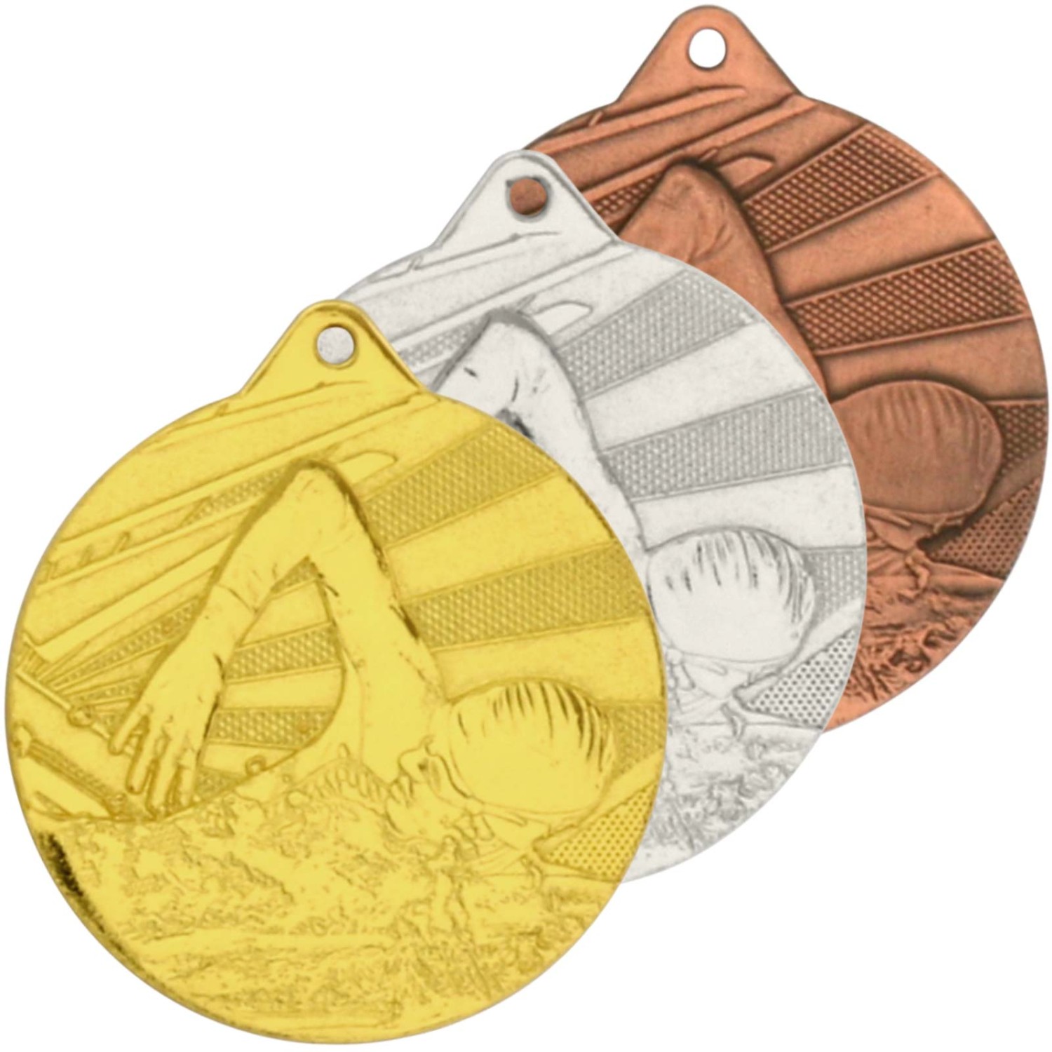0. Foto Medaille Schwimmen 2 Medaillen 50 mm rund gold silber bronze Set (Sorte: Set je 1x gold / silber / bronze)