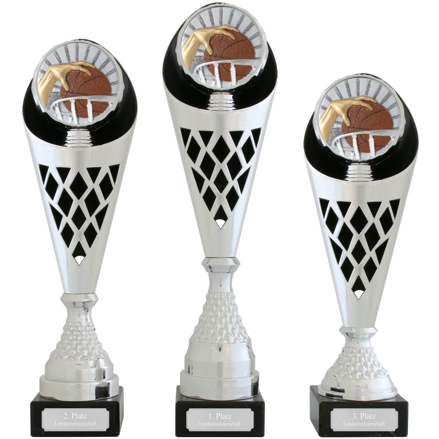 0. Foto Pokal Basketball VERDUN Trophäe silber mit Gravur (Größe: Pokalset je 1x S,M,L gesamt 3 Stück)