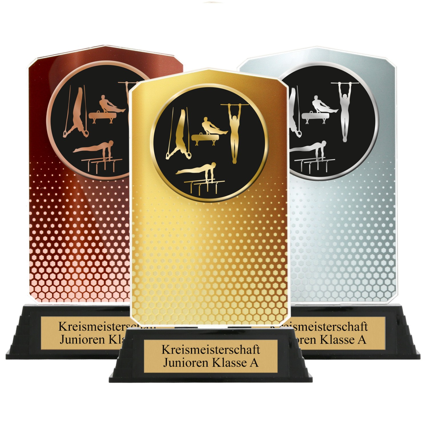 0. Foto Pokal Set Turnen Leichtathletik HUPPY Acryl 3 Stück Gold Silber Bronze mit XL Gravur