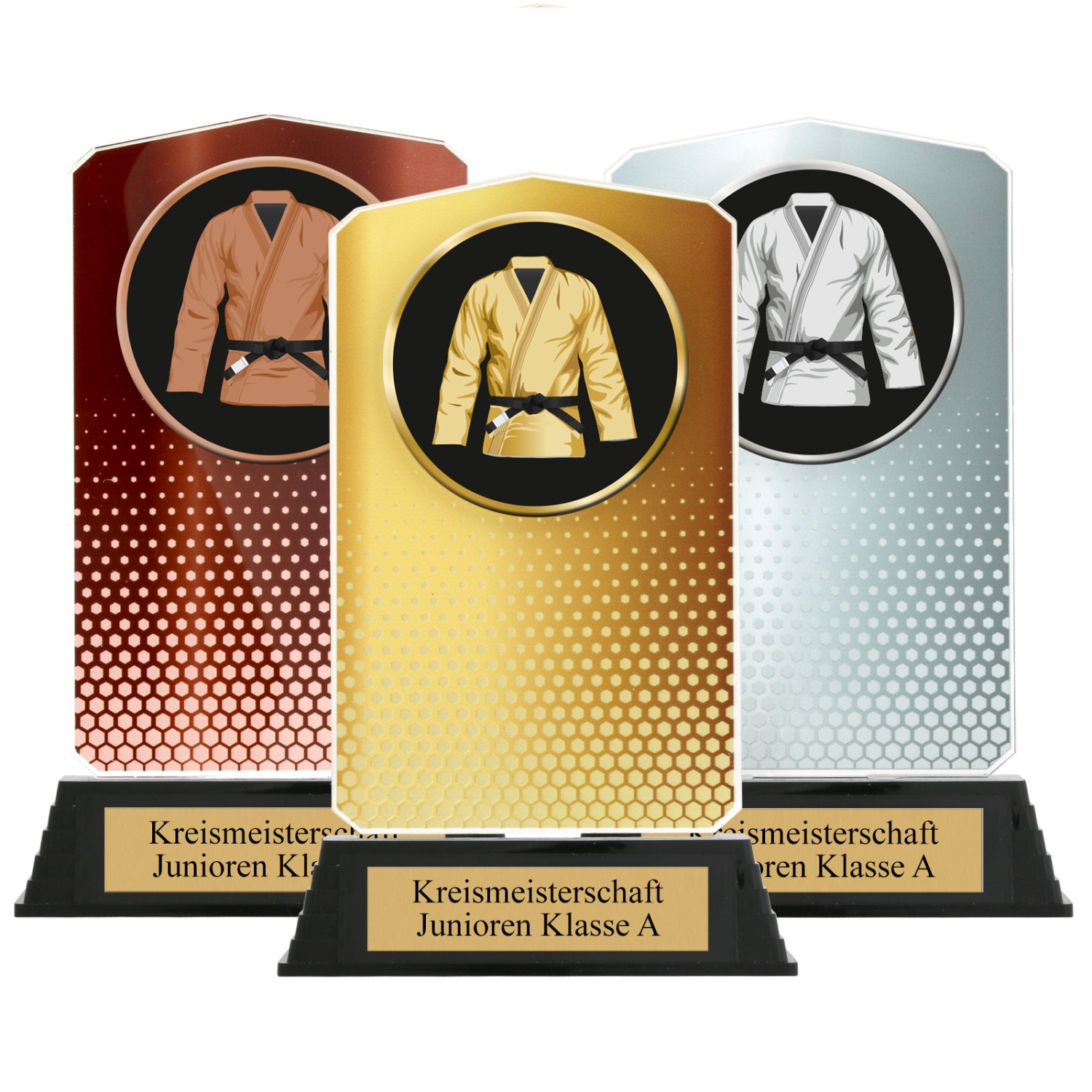 0. Foto Pokal Set Judo Kampfsport HUPPY Acryl 3 Stück Gold Silber Bronze mit XL Gravur