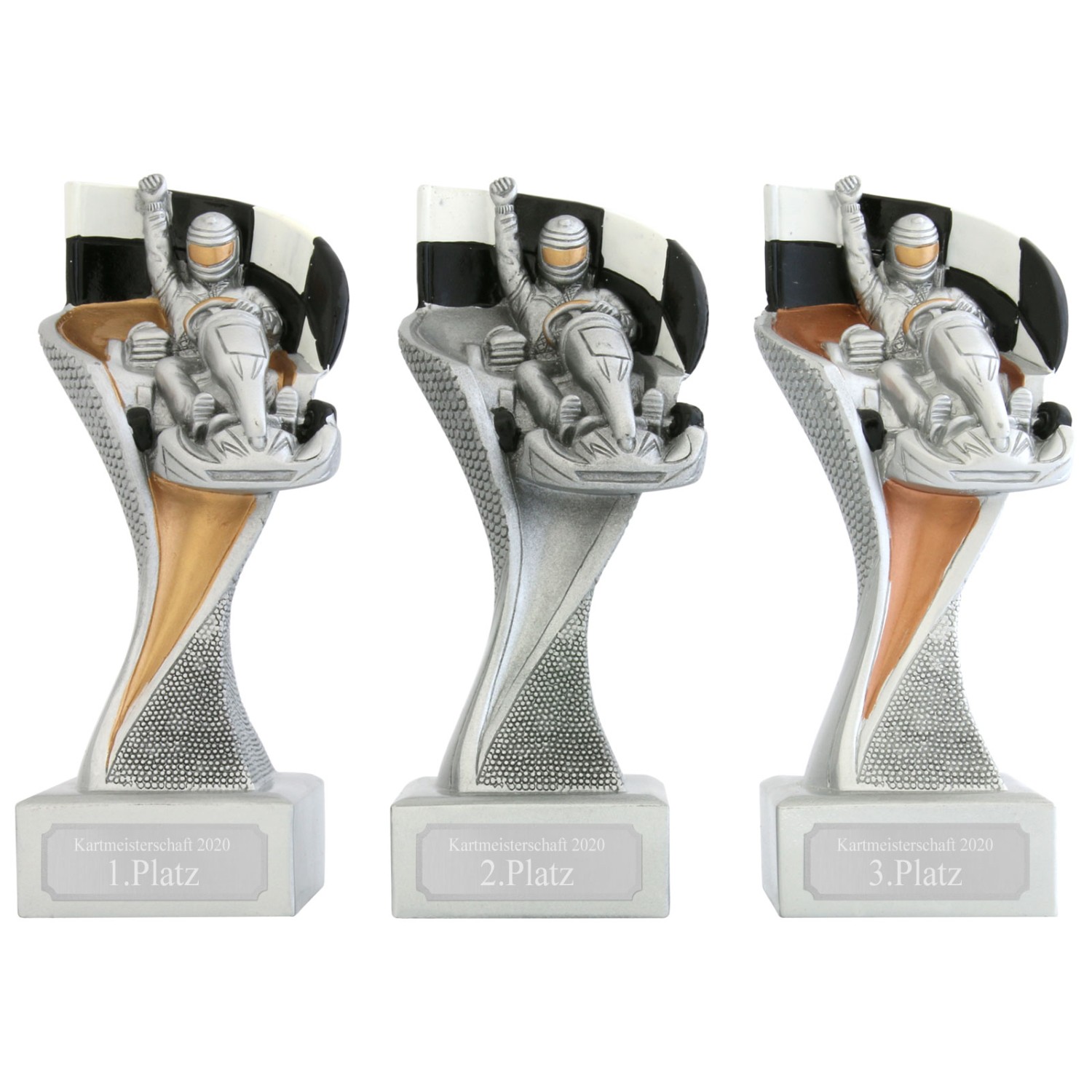 0. Foto Kart Pokal Pokalset METZ mit Gravurplatte und Gravur (Farbe: Set je 1x gold / silber / bronze)