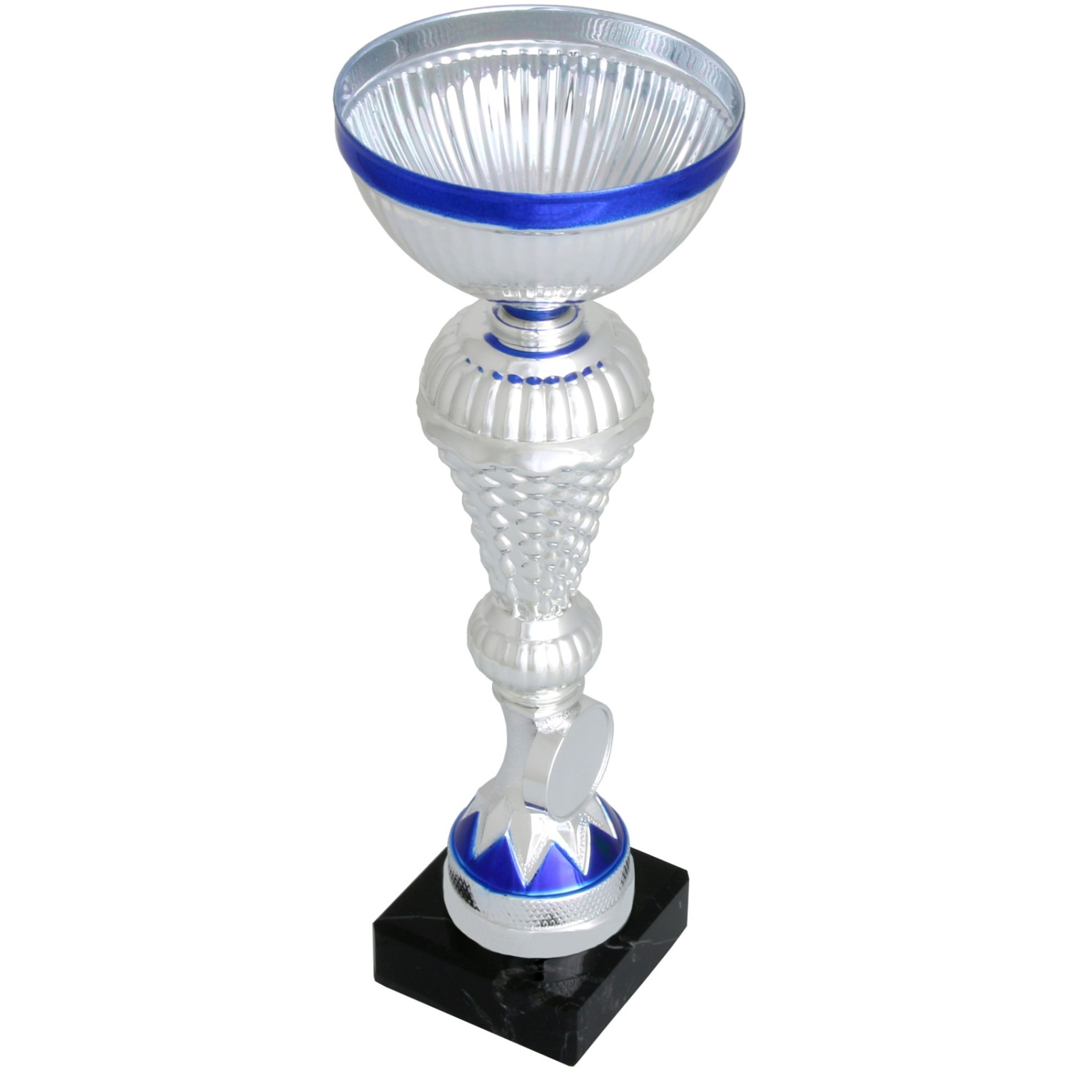 0. Foto Pokal Trophäe GORRON 3 Größen silber blau Steinsockel mit Gravur (Größe: Größe L)