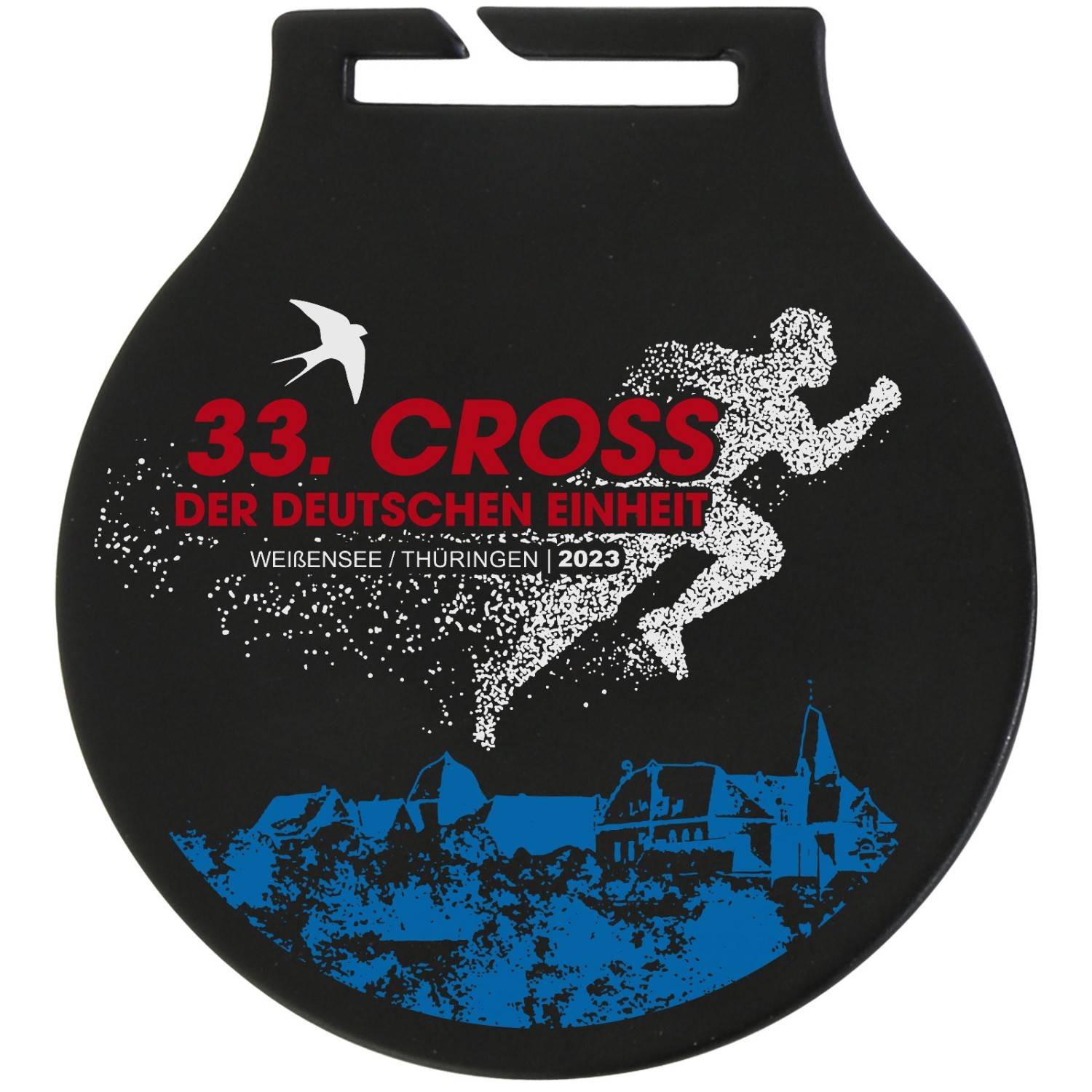 2. Foto Medaille VIRA 70mm schwarz mit Gravur Band blau weiss