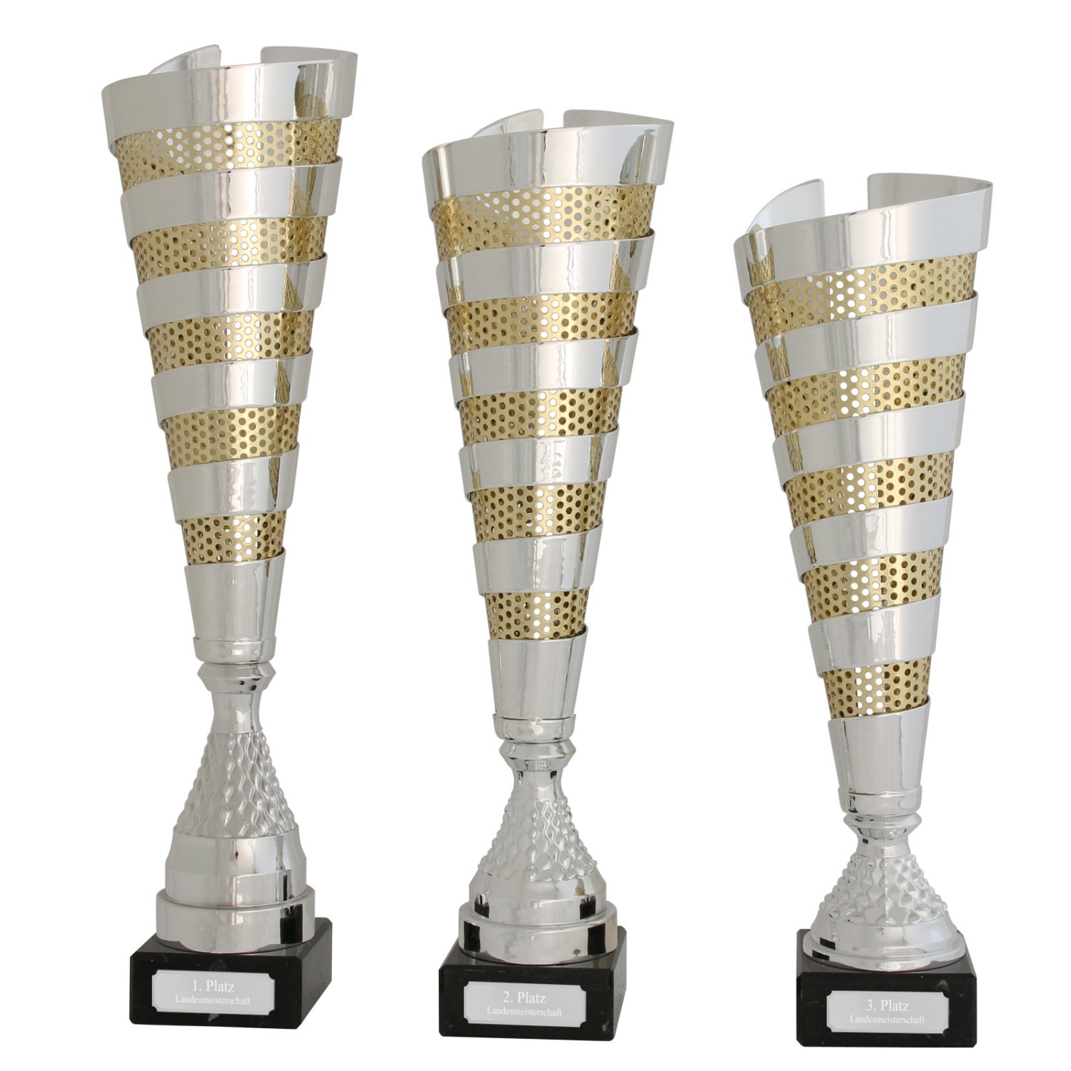 0. Foto Pokal Pokalset CLUNY Metall silber gold 3 Größen mit Gravur (Größe: Set je 1x S, M und L)