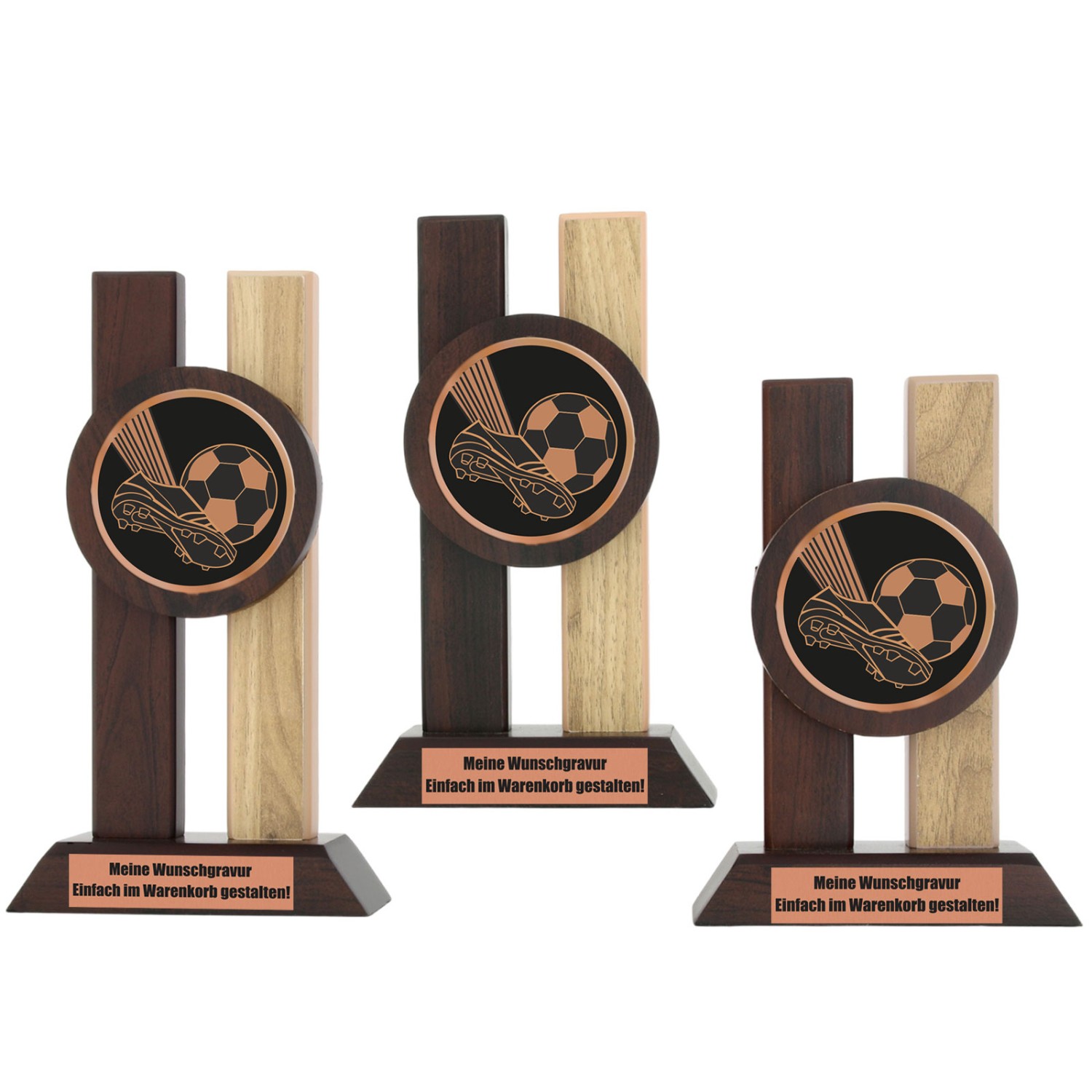 0. Foto Fußball Holz Pokal PARCE mit Acryl Emblem und Gravur (Größe: Set mit S, M und L)