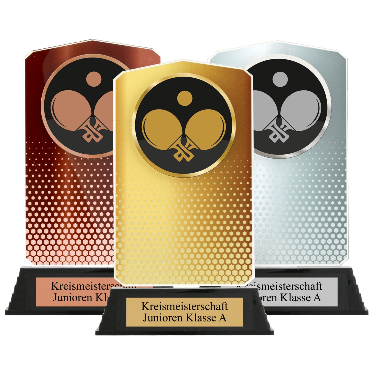 0. Foto Pokal Set HUPPY Acryl Tischtennis 3 Stück Gold Silber Bronze mit XL Gravur