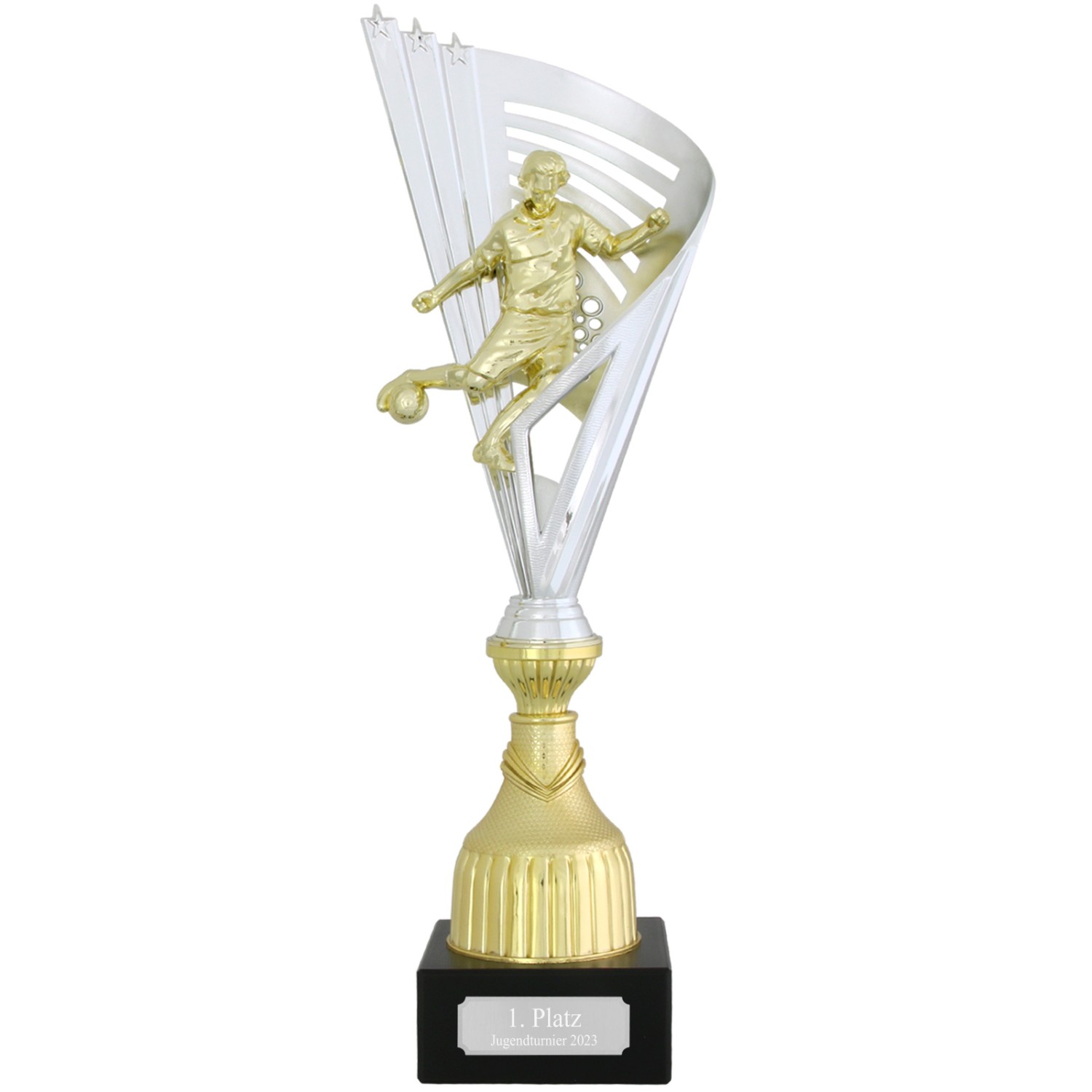 3. Foto Fußball Pokal Trophäe LESSAY silber gold mit Gravur (Größe: Set je 1x S, M und L)