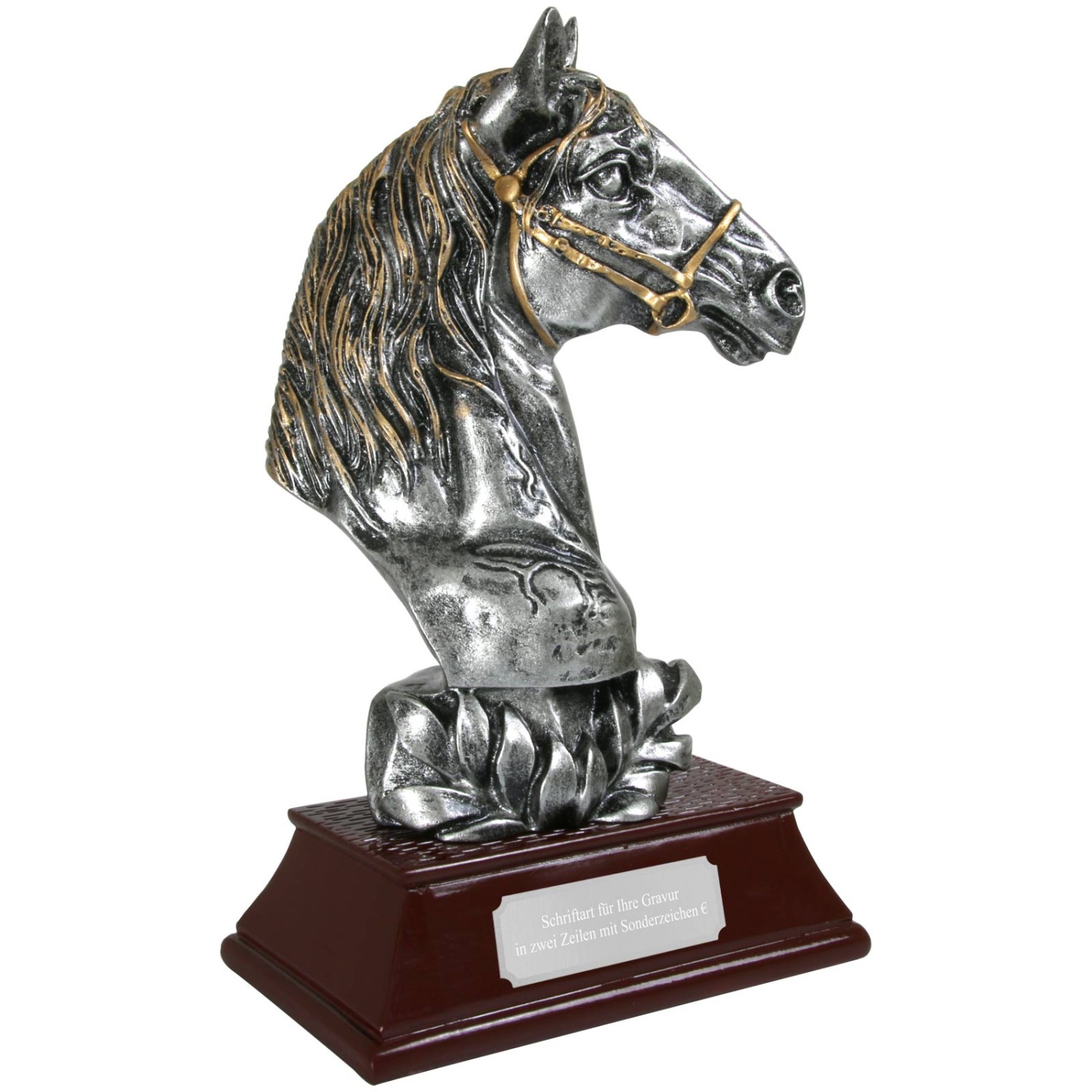 1. Foto Pokal Pferd Pferdekopf Figur Trophäe 2 Größen mit Gravur (Größe: 21 cm hoch)