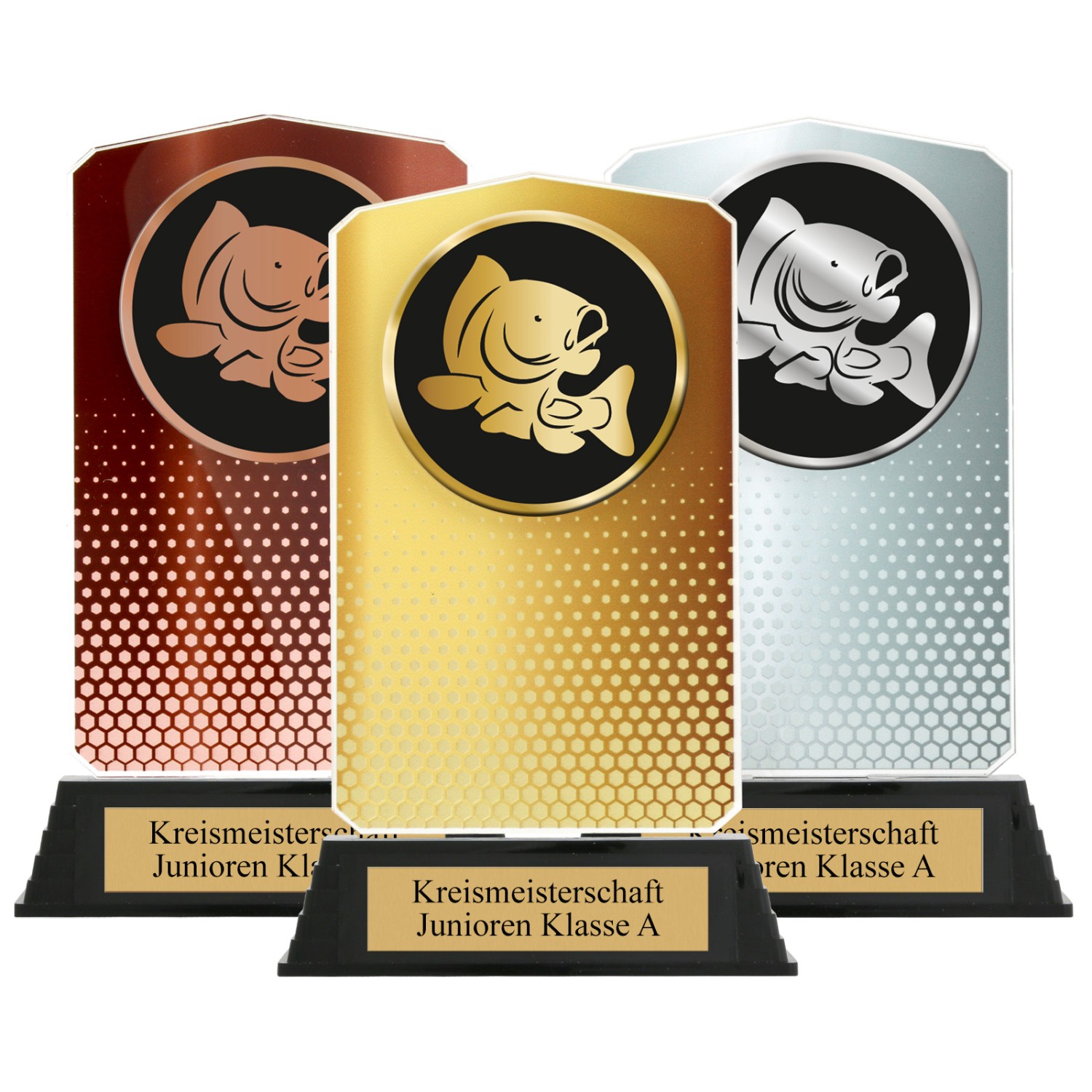 0. Foto Pokal Set Karpfen Angeln HUPPY Acryl 3 Stück Gold Silber Bronze mit XL Gravur