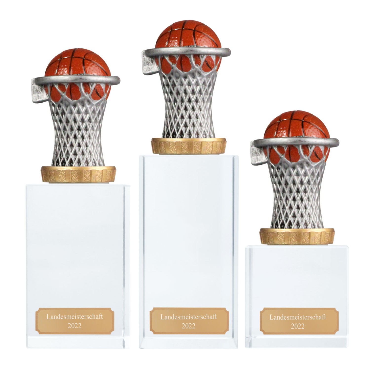 1. Foto Pokal Trophäe Basketball mit Glassockel Glaspokal mit Gravur (Größe: Größe S)