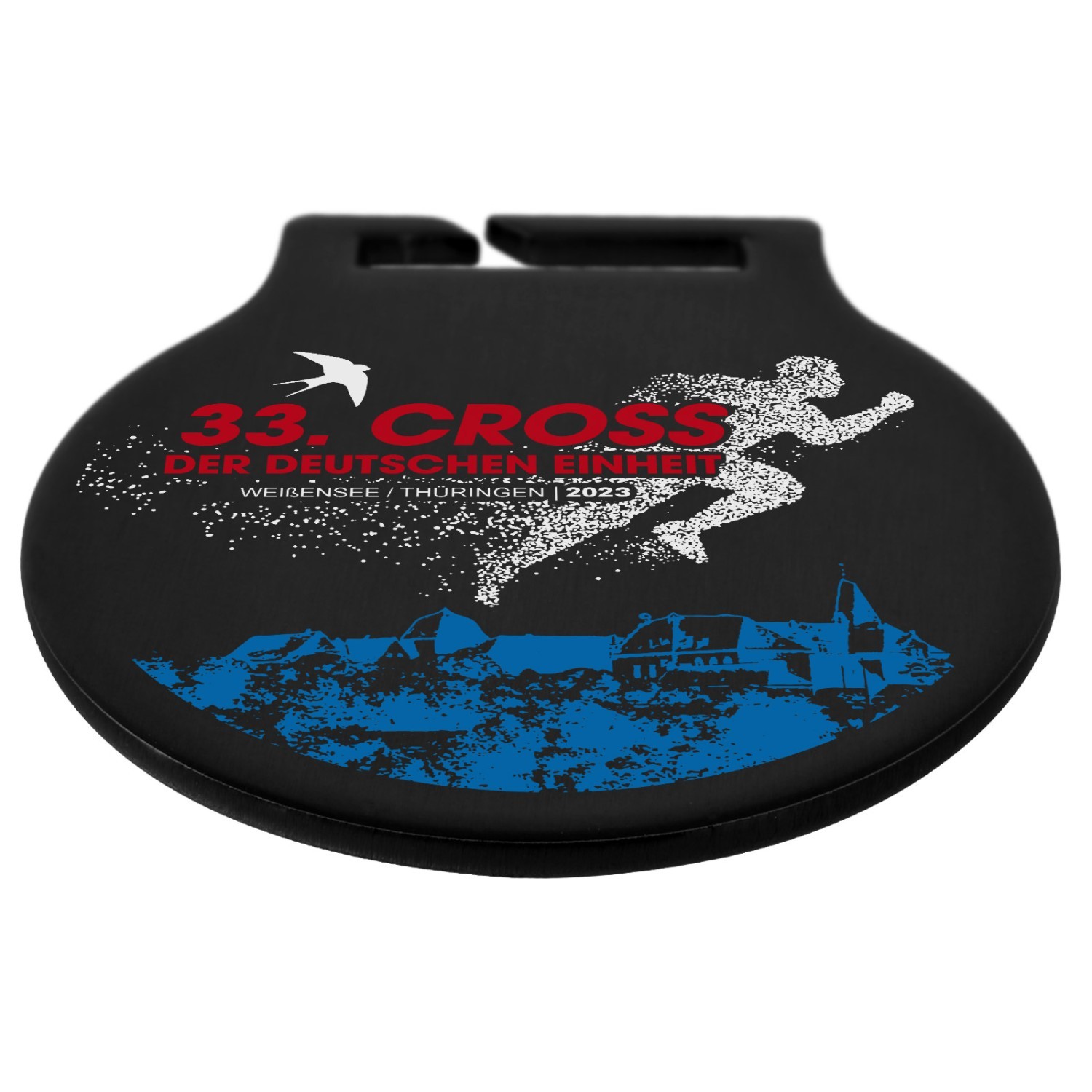 3. Foto Medaille VIRA 70mm schwarz mit Druck Gravur Band weiss