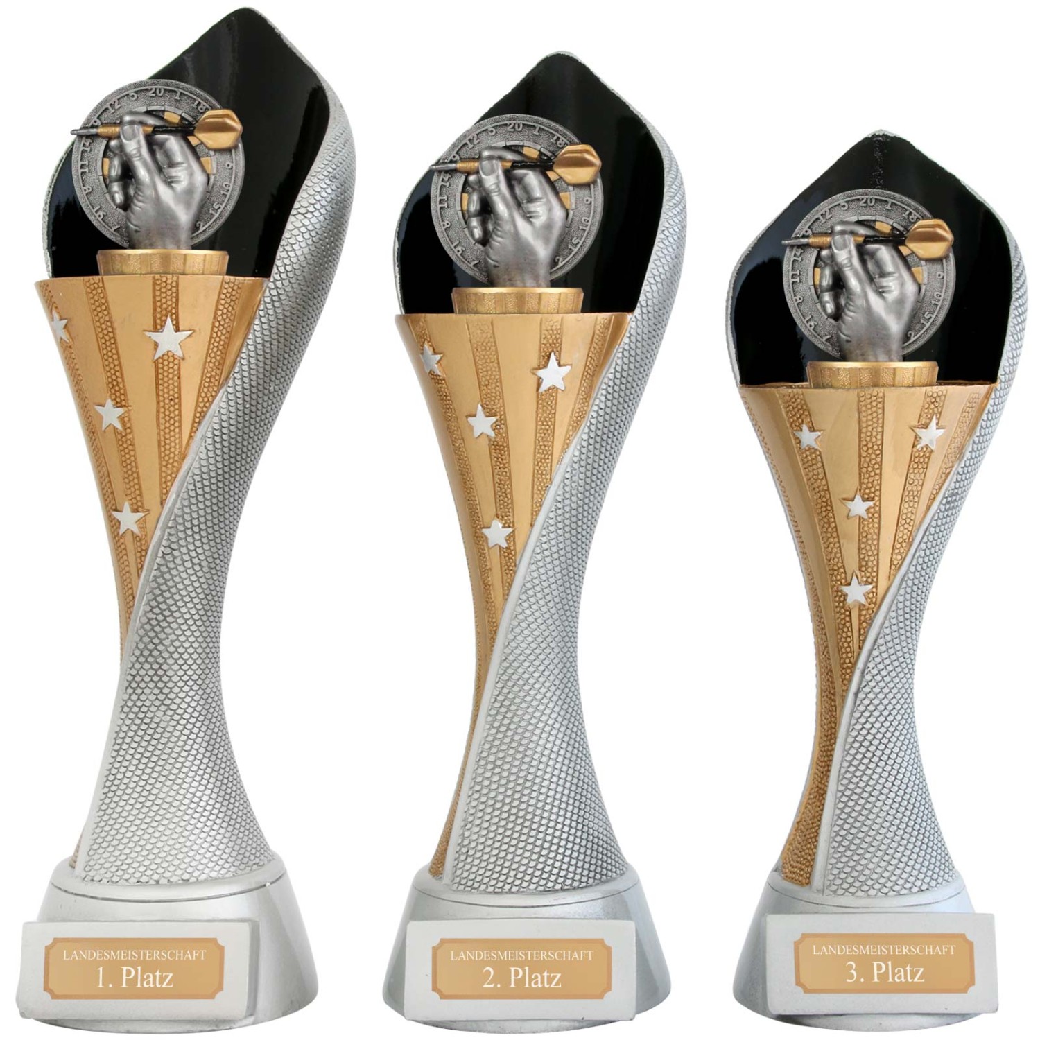 0. Foto Pokal Dart Darts Serie AUXON Trophäe 3 Größen mit Gravur (Größe:  Set je 1x S, M und L)