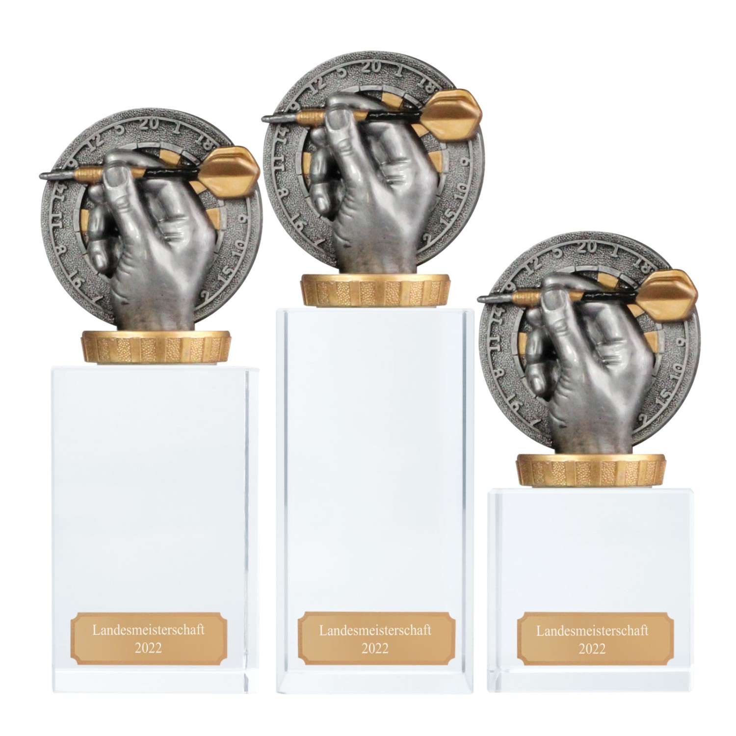 Pokal Trophäe Dart Darts mit Glassockel Glaspokal mit Gravur (Größe: Set je 1x S, M und L)