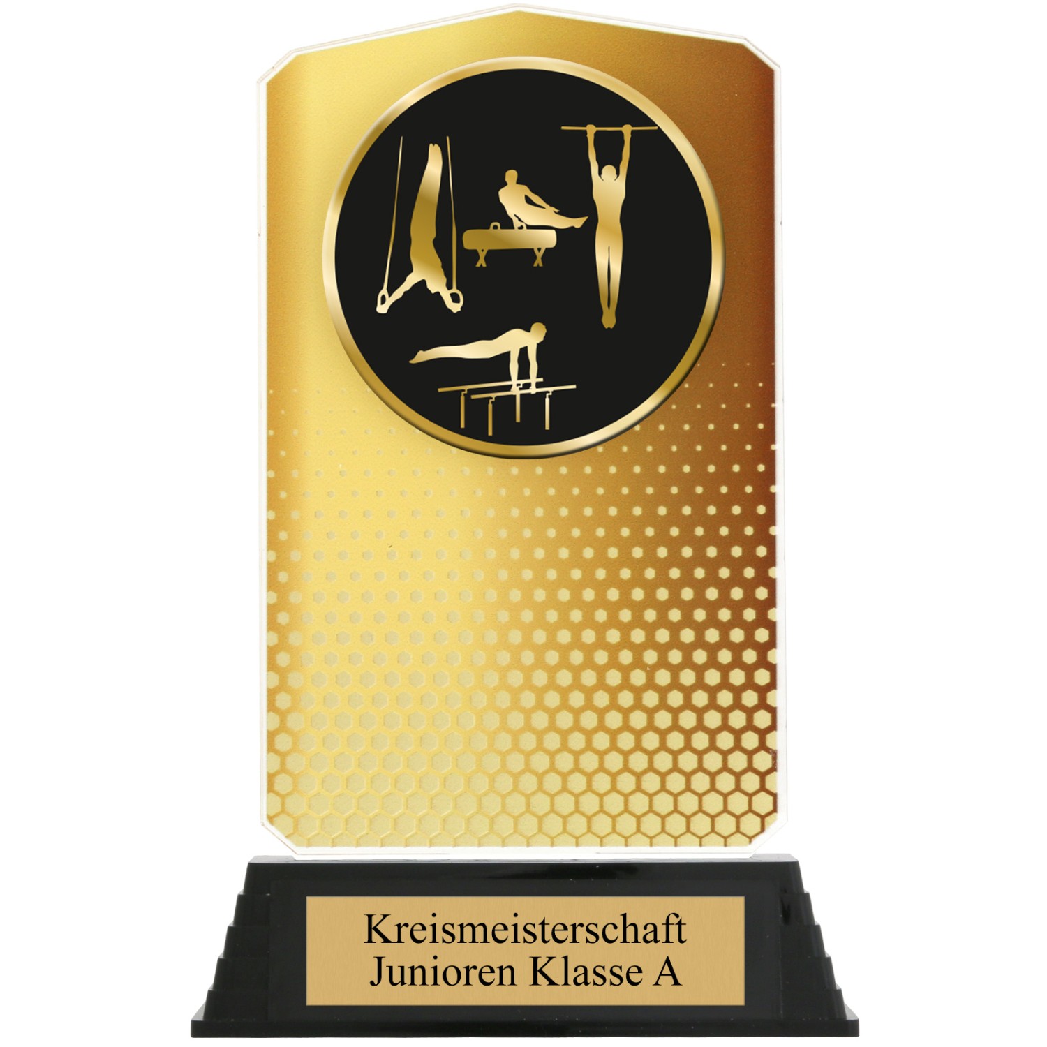 2. Foto Pokal Set Turnen Leichtathletik HUPPY Acryl 3 Stück Gold Silber Bronze mit XL Gravur