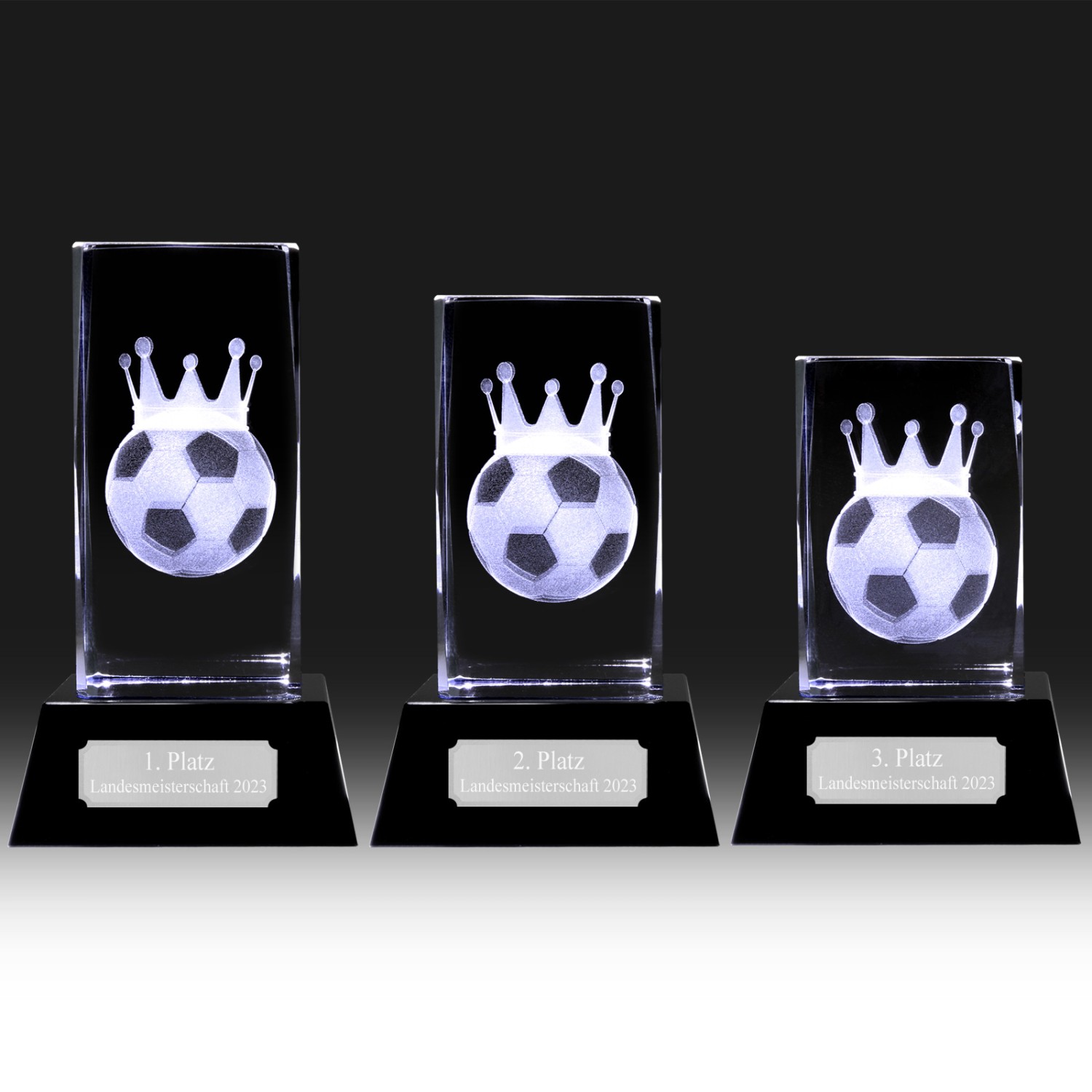 Pokal Fußball Glas 3D Glasblock extra schwer mit Gravur (Größe: Set je 1x S, M und L)
