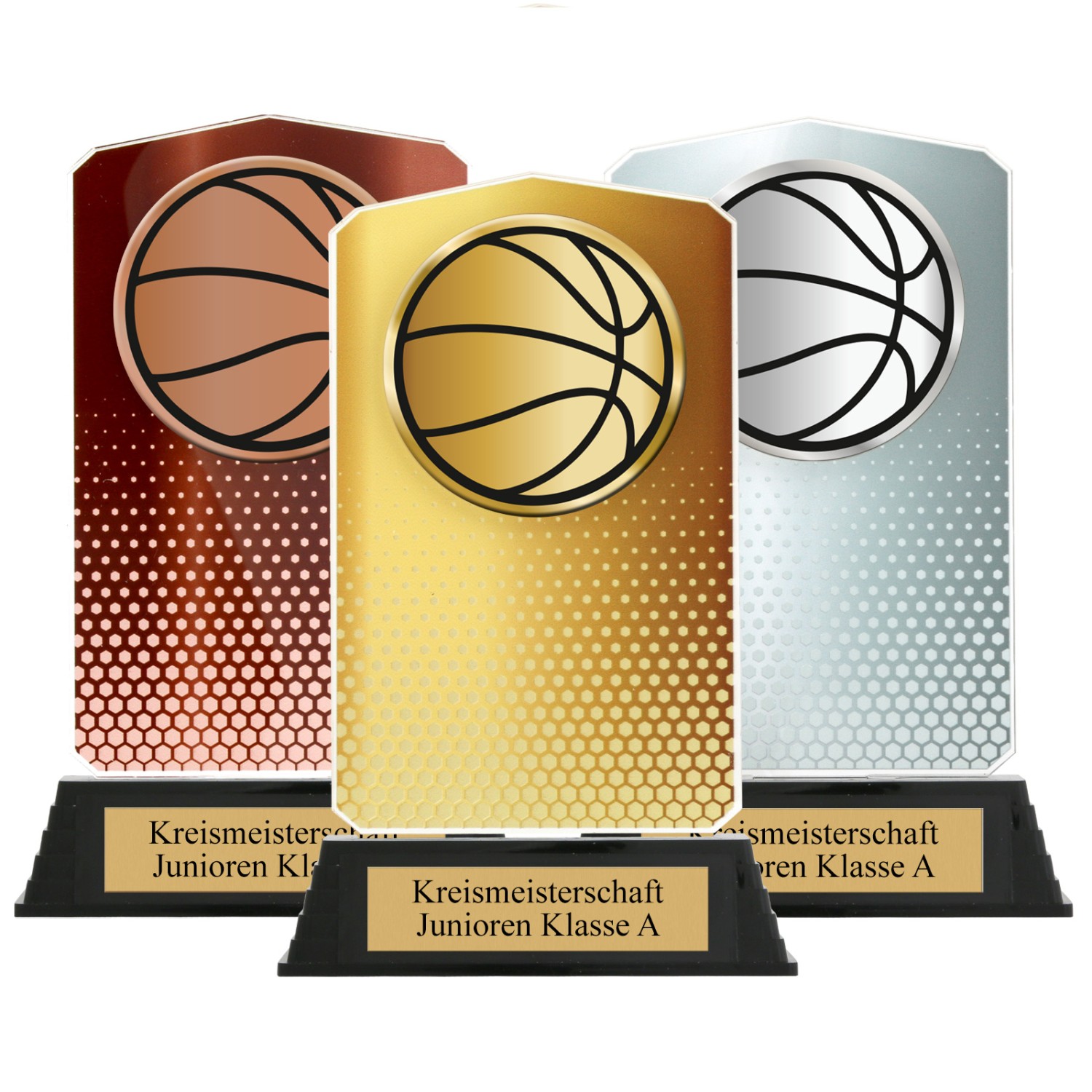 0. Foto Pokal Set Basketball HUPPY Acryl 3 Stück Gold Silber Bronze mit XL Gravur