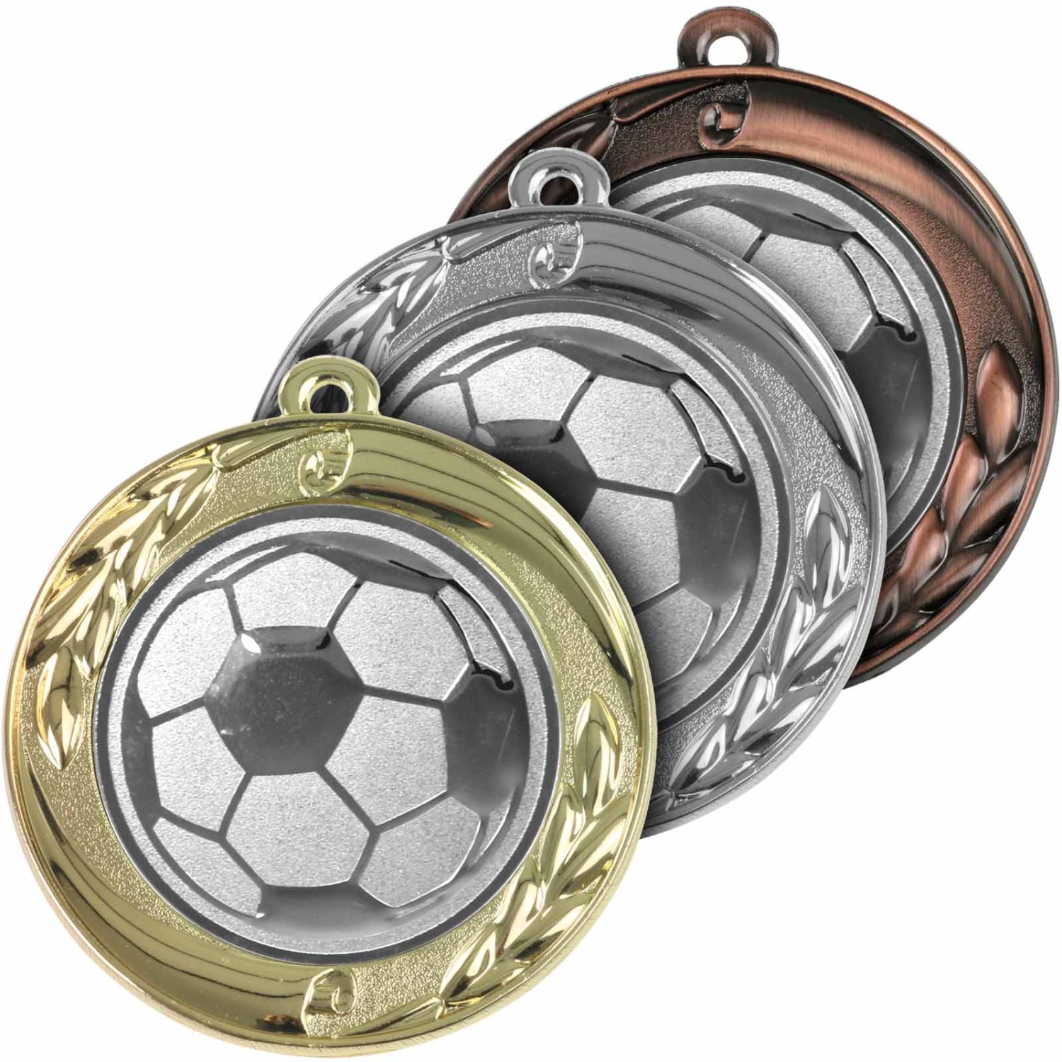 Fußball Medaille mit Etui zum Aufstellen gold silber bronze 70mm Metall (Sorte: Set je 1x gold / silber / bronze)