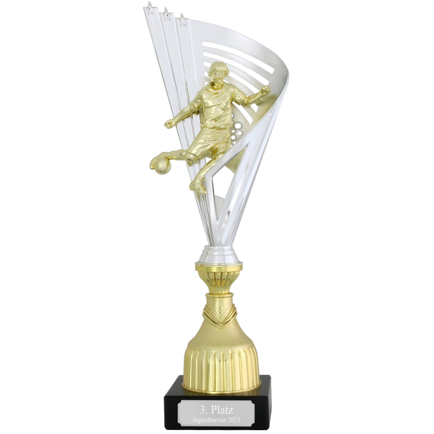 Fußball Pokal Trophäe LESSAY silber gold mit Gravur (Größe: S - 40 cm)