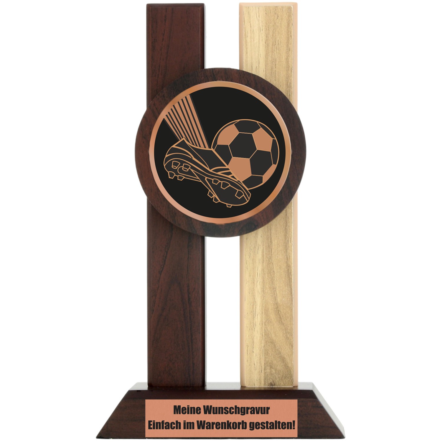 Fußball Holz Pokal PARCE mit Acryl Emblem und Gravur (Größe: L 23cm hoch)