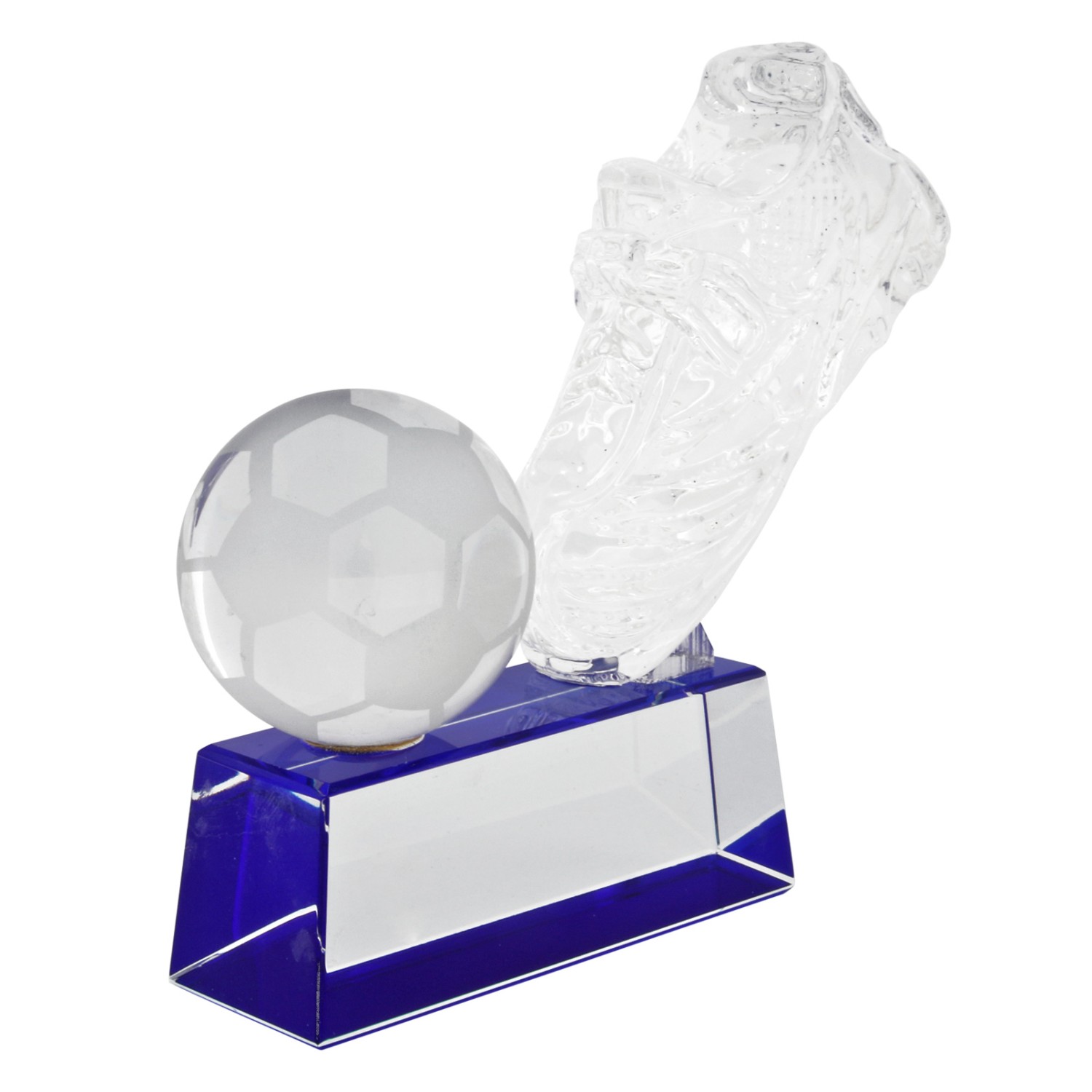 1. Foto Fußball Glas Pokal Trophäe Schuh LEMANS blau mit Gravur