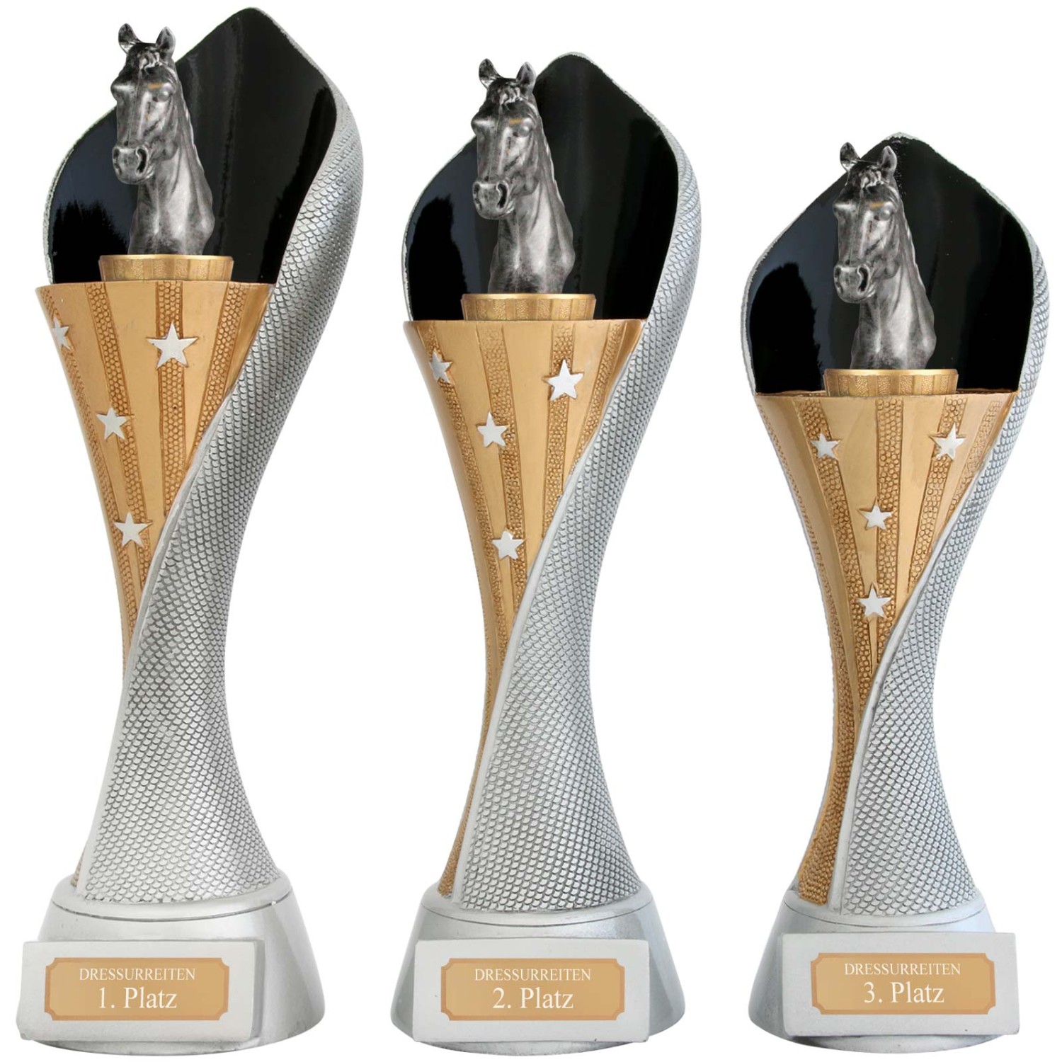 0. Foto Pokal Reiten Pferde Serie AUXON Trophäe 3 Größen mit Gravur (Größe: Set je 1x S, M und L)