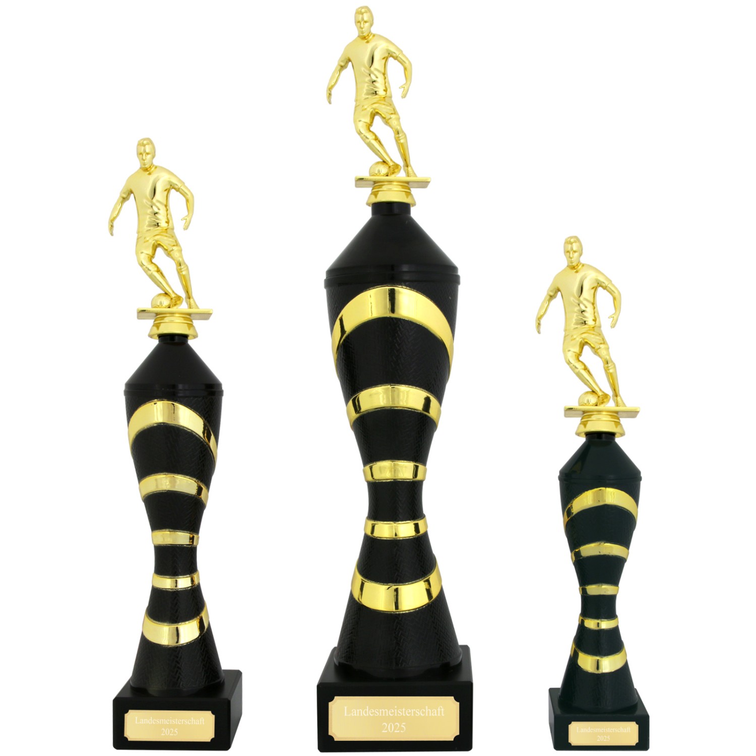 0. Foto Pokal Fußball Serie Nisko Schwarz Gold mit Gravur (Größe: Set je 1x S, M und L)
